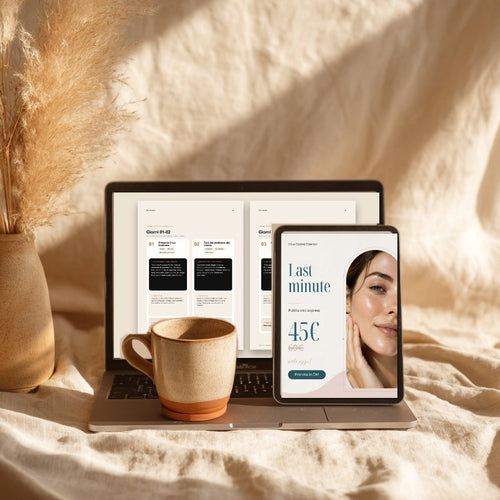 KitForge Estetica: planner dei contenuti su portatile e template Canva su tablet