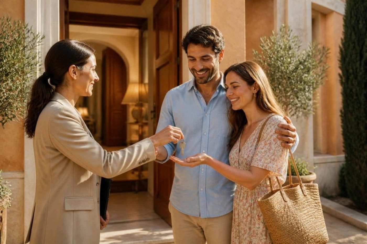 Agente immobiliare che consegna le chiavi a una coppia