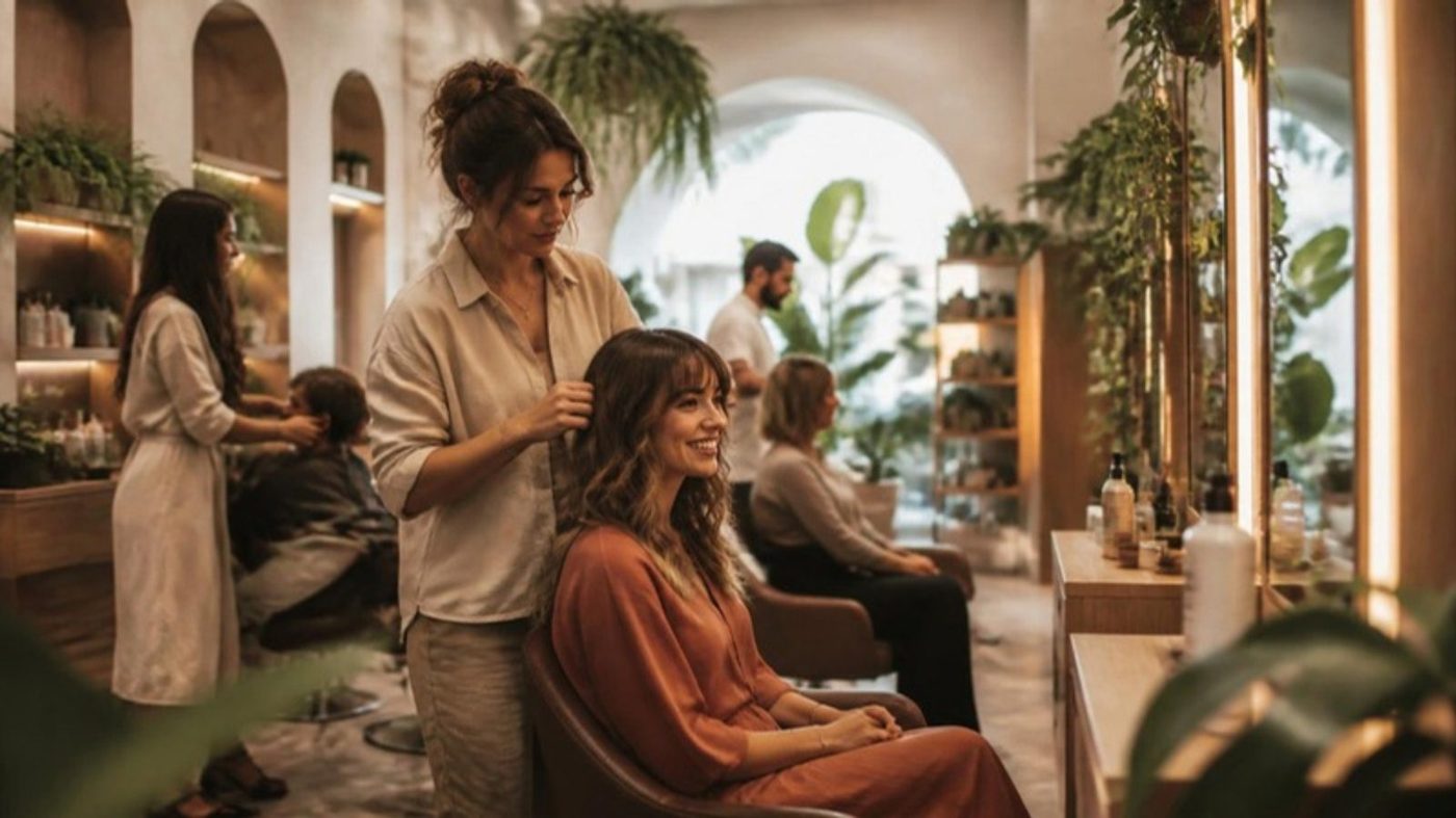 Salone di parrucchieri elegante con una cliente sorridente